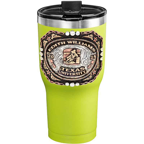 A customized tumbler made of stainless steel with a personalized engraved name and Texas University lettering with barrel racing figure, 30 oz, ideal for coffee or cool drinks